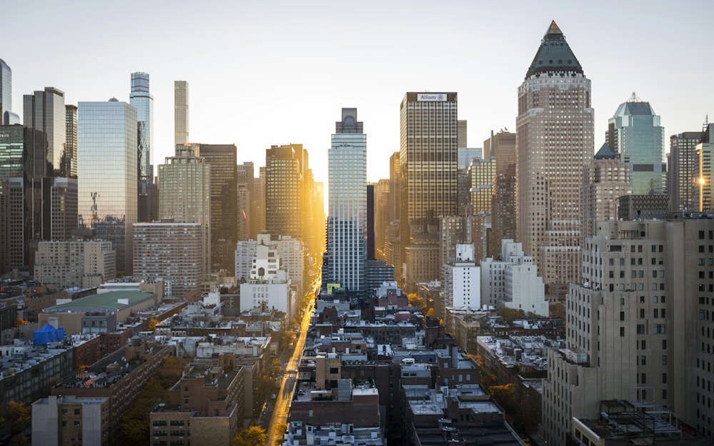 A city skyline at sunset