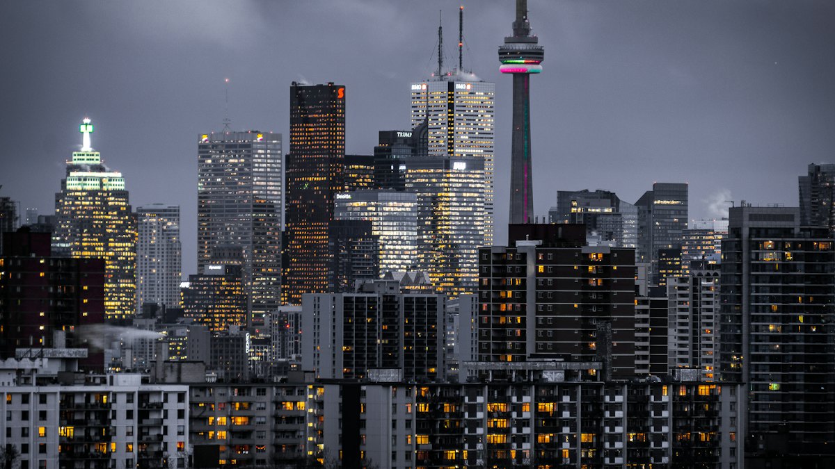 A city skyline at night